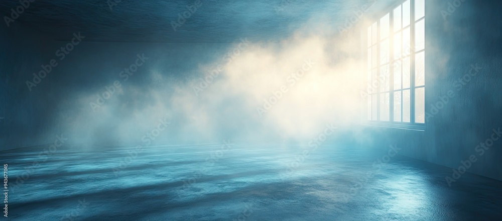 Poster a digital rendering of an empty room with a large window and fog creating a mystical atmosphere.