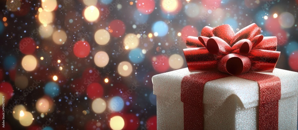 Poster christmas backdrop featuring a white gift box adorned with a red bow set against a background of chr