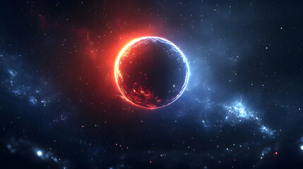 A glowing planet with red and blue light in space with many stars.