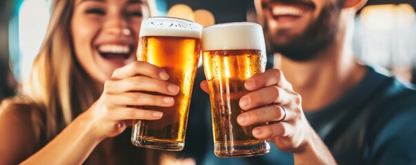 Close-up of a couple joyfully toasting with frosty beer in a lively pub setting, showcasing friendship and celebration