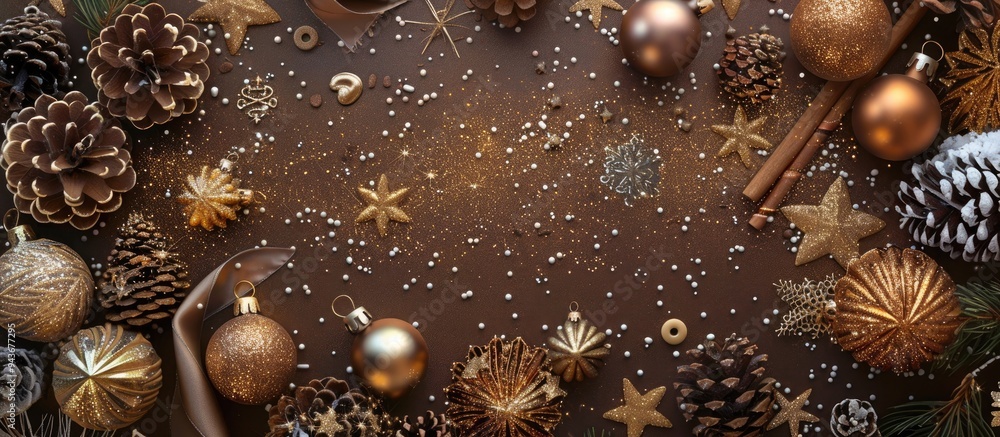 Aufkleber Christmas arrangement Golden decorations on a light background Top view flat lay. with copy space image. Place for adding text or design