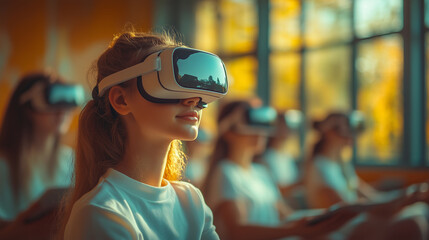 Female in VR headset with virtual interface. Futuristic classroom with students using VR. Virtual reality, augmented reality concept. VR / AR metaverse simulation. Future technology at school.