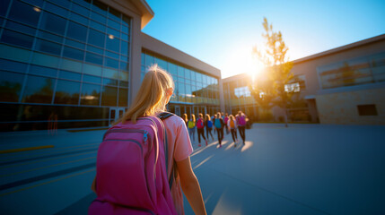 Group of children with backpack go to school or college for study. Bask to school or to college.  Banner with copy space in candid style.