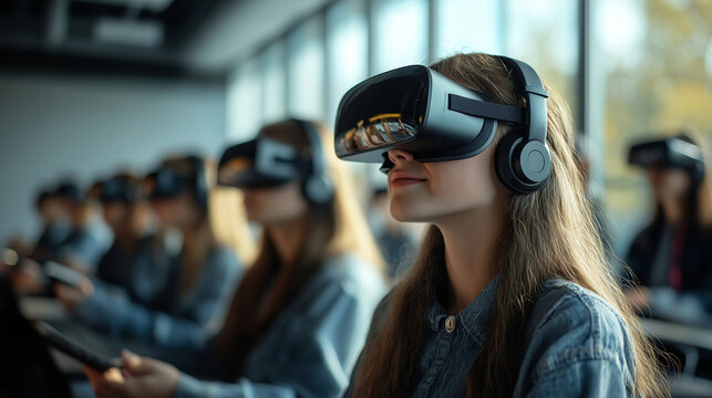 Female in VR headset with virtual interface. Futuristic classroom with students using VR. Virtual reality, augmented reality concept. VR / AR metaverse simulation. Future technology at school.