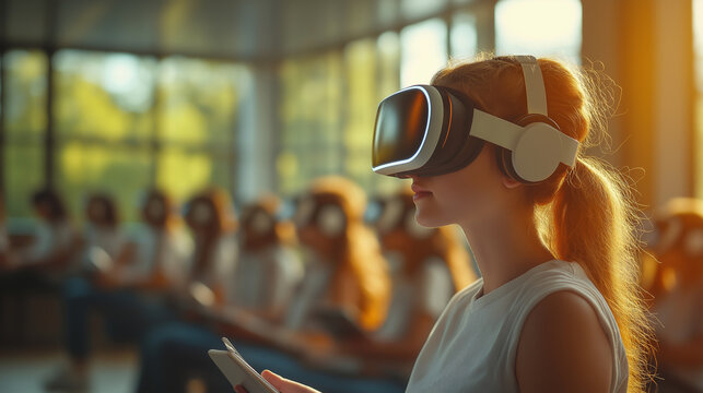 Female in VR headset with virtual interface. Futuristic classroom with students using VR. Virtual reality, augmented reality concept. VR / AR metaverse simulation. Future technology at school. - Powered by Adobe