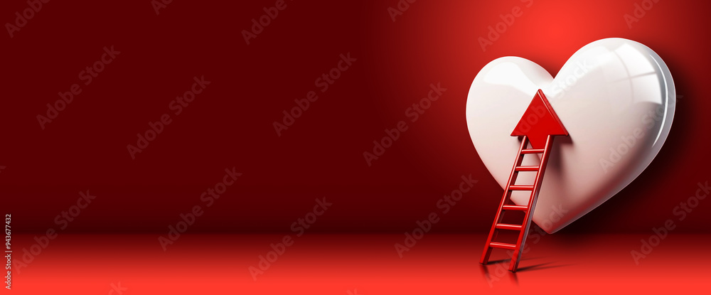 Poster symbol of a red arrow reaches a white heart by climbing a ladder on a red background with copy space