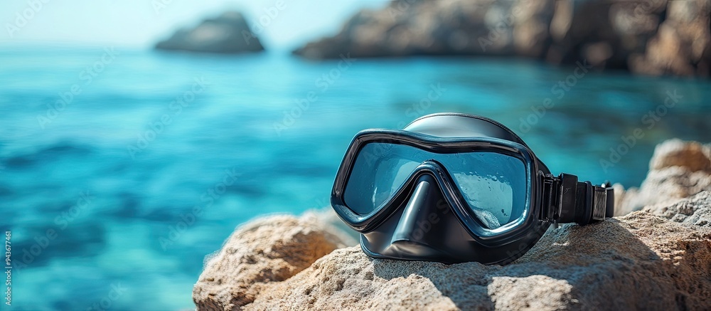 Poster diving mask and snorkel placed on a rock at the seaside concept of diving or summer ocean travel gea