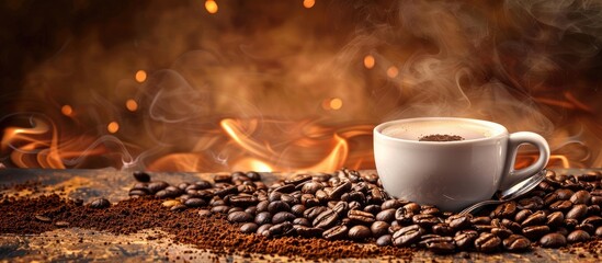 Coffee beans and a coffee cup. with copy space image. Place for adding text or design