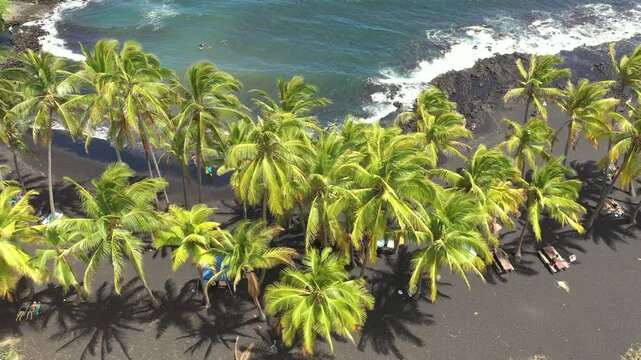 Black sand beach of Punaluu, Hawaii, USA, aerial view