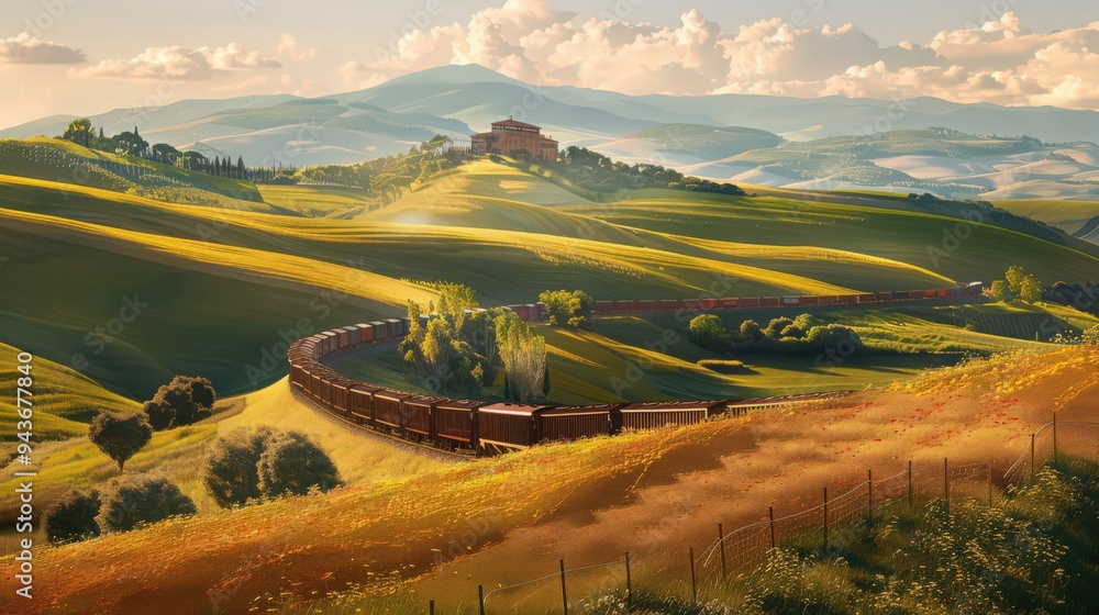 Poster show a cargo train moving through a scenic landscape with rolling hills and fields in the background