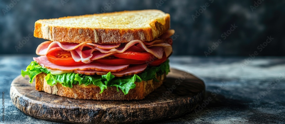 Leinwandbilder a ham tomato and lettuce sandwich on a slab plate against a rustic backdrop. with copy space image. 