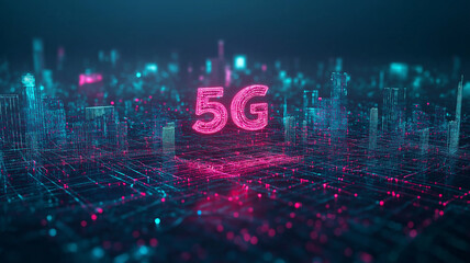 Futuristic 5G Cityscape with Neon Lights