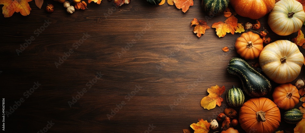 Leinwandbilder thanksgiving and halloween pumpkins leaves and acorn squash arranged on a dark wood table background