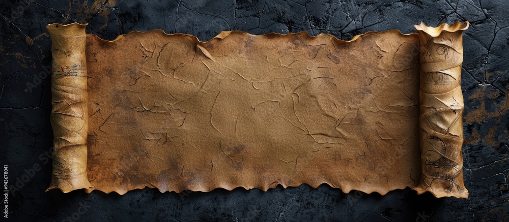 Poster Old paper horizontal banner Parchment scroll set against a black background. with copy space image. Place for adding text or design