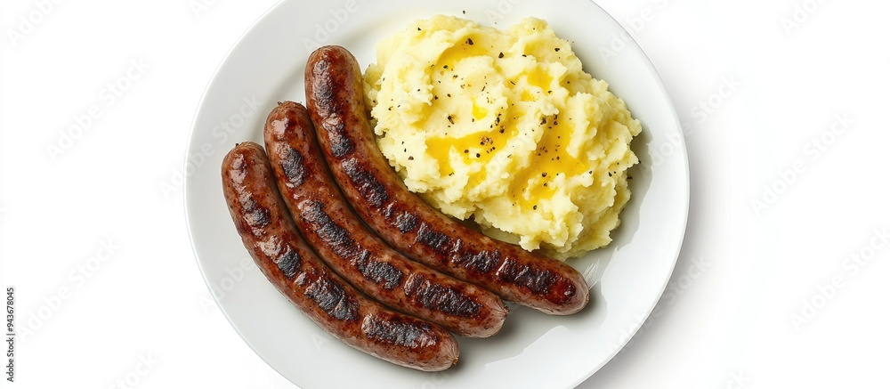 Aufkleber fried meat sausages accompanied by mashed potatoes on a white plate set against a white background i