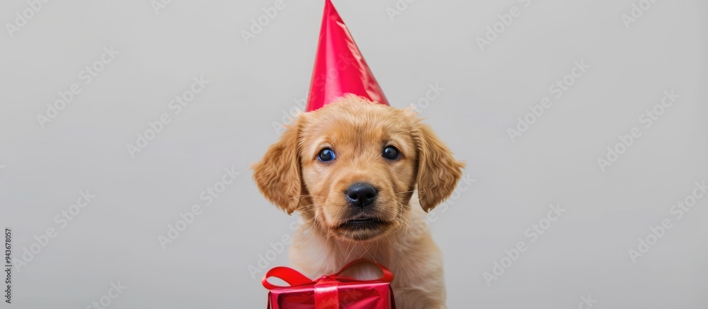 Poster A smiling puppy wearing a party hat and bow tie is holding a gift box behind an empty white banner set against a white background. with copy space image. Place for adding text or design