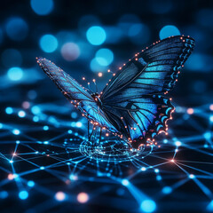 futuristic network of Digital and business transformation connected by graphs to a butterfly shown from eye-level angle with front-lighting 