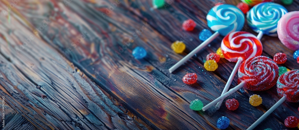 Poster Lollipops with sugary treats on the wooden table. with copy space image. Place for adding text or design