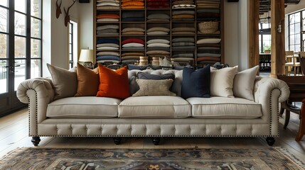A large white couch with a brown pillow on it