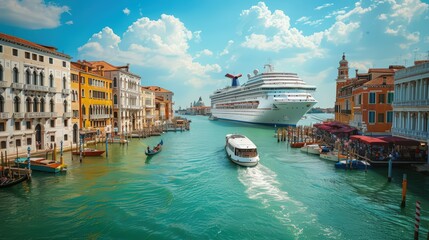 Fototapeta premium Show a cruise ship docked in a bustling port city, with passengers disembarking and exploring the vibrant urban landscape and local markets