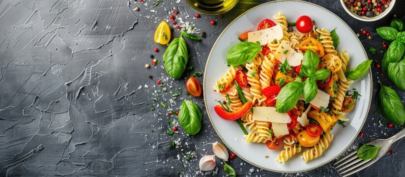 Plate of tasty pasta primavera and ingredients on a light gray table top view Copyspace available