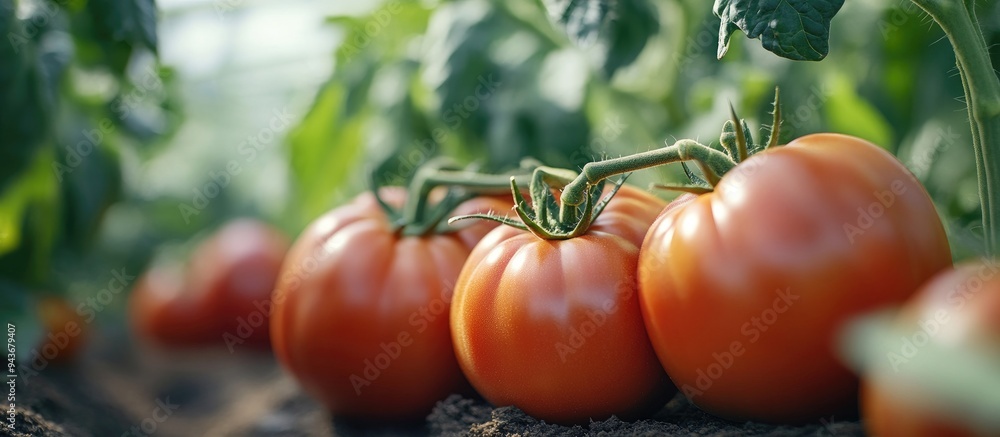 Poster beautiful ripe red heirloom tomatoes cultivated in a greenhouse gardening tomato image with copy spa