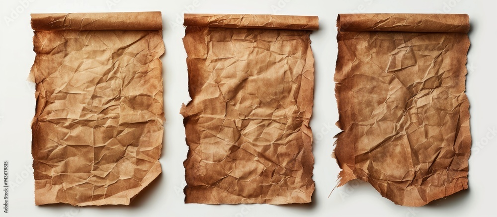 Poster Old brown paper set against a white background Isolated close up. with copy space image. Place for adding text or design