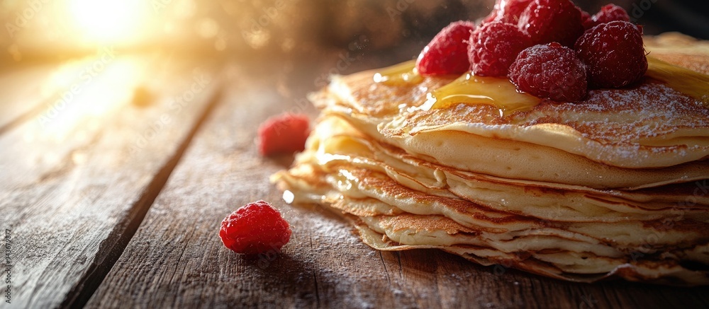 Poster A closeup of a stack of tasty crepes with melting butter on a wooden table. with copy space image. Place for adding text or design