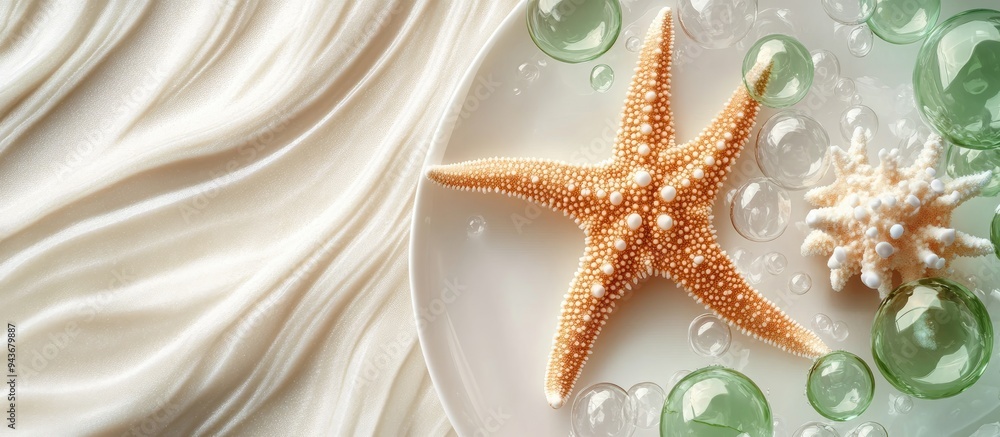 Aufkleber white plate with coral skeleton and natural starfish on a sand background accompanied by green and c