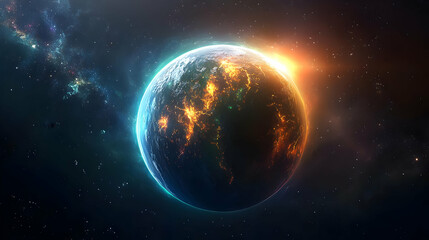 A glowing, vibrant planet in space with a warm sun shining.