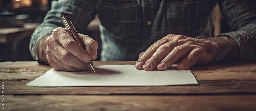Poster A man is writing on paper at a wooden table for text and background copyspace