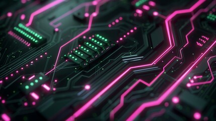 Obraz premium Circuit pathway digital technology with pink light line connecting data broad