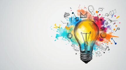 A light bulb with colorful doodles of thinking icons emerging from it, representing creative ideas, copy space