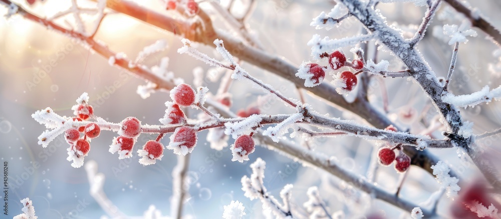 Fototapete branch covered in snow. with copy space image. place for adding text or design