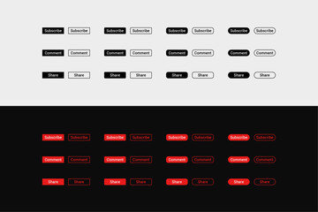 48 call to action buttons covering 3 key actions: subscribe, comment and share. Light and dark mode ui vector elements with various corner styles. 