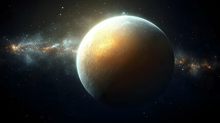 Naklejka premium A golden planet in space with a glowing halo, surrounded by a field of stars.