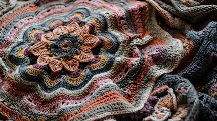 Intricate crochet patterns with soft, textured yarn in rich, earthy tones