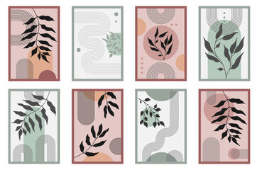 Zen arch poster set with botanical element, simple line arch shapes, and leavs. Geometric Japanese zen pattern minimal elements. Boho style strips,