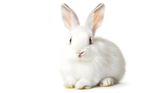 Fluffy White Rabbit with Perked Up Ears Sitting on White Background
