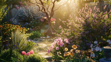 Show a spring equinox garden with equal amounts of sunlight and shadow, featuring blooming plants and a serene,