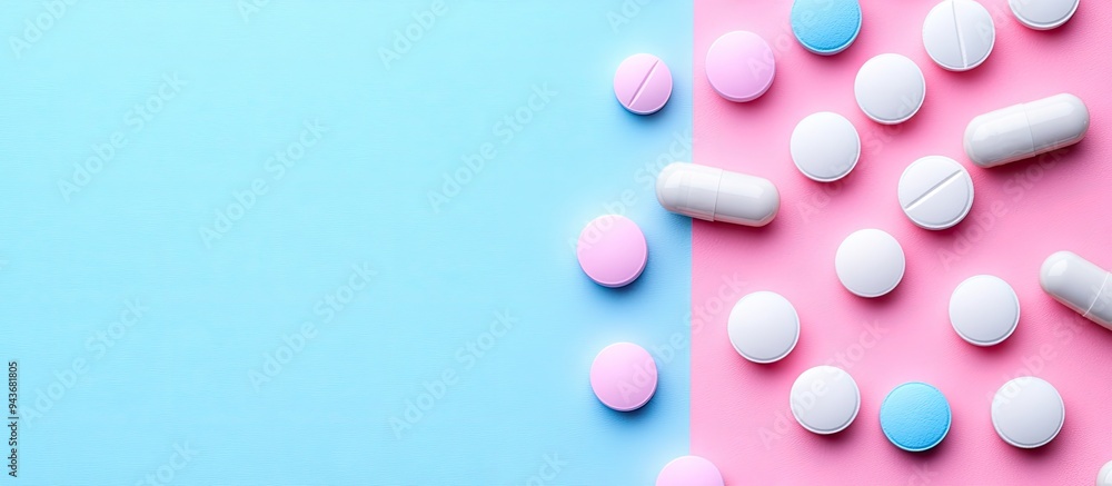 Aufkleber a collection of round medical tablet pills positioned on a blue and pink background. with copy space