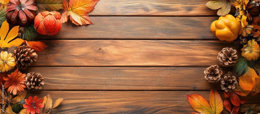 Fototapete Autumn table arrangement on a wooden surface top view Room for text. with copy space image. Place for adding text or design