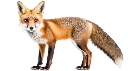 Fototapeta premium Curious Red Fox Standing with Fluffed Tail on White Background