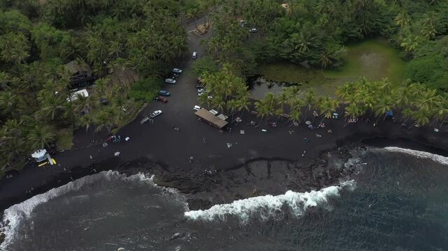 Black sand beach of Punaluu, Hawaii, USA, aerial view
