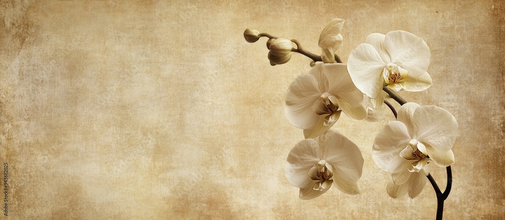 Aufkleber textured vintage paper background featuring a white phalaenopsis orchid. with copy space image. plac