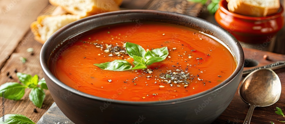 Poster Homemade Italian tomato soup with basil and a spoonful of sour cream in a soup pot accompanied by an Italian bread roll and a tomato on a stone surface. with copy space image