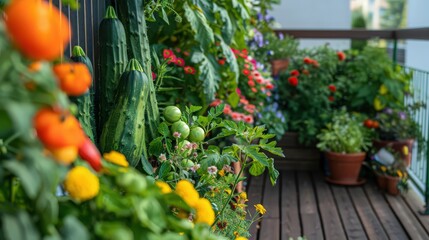 Obraz premium Show a summer terrace garden with lush green vines of tomatoes and cucumbers, paired with blooming marigolds and fragrant herbs