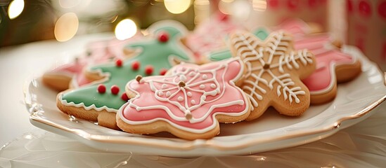 A tasty Christmas tree cookie is set against a white background. with copy space image. Place for adding text or design