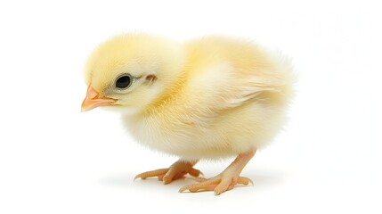 Obraz premium Tiny Yellow Chick Pecking the Ground on White Background