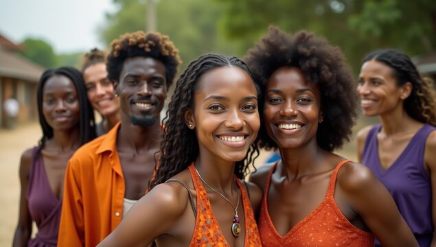 Group photo in vibrant attire outdoors
